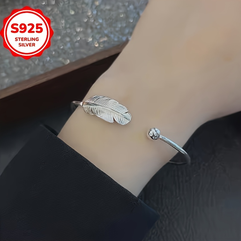 Women's Minimalist Feather Beaded Open Bangle Bracelet, Elegant Gift